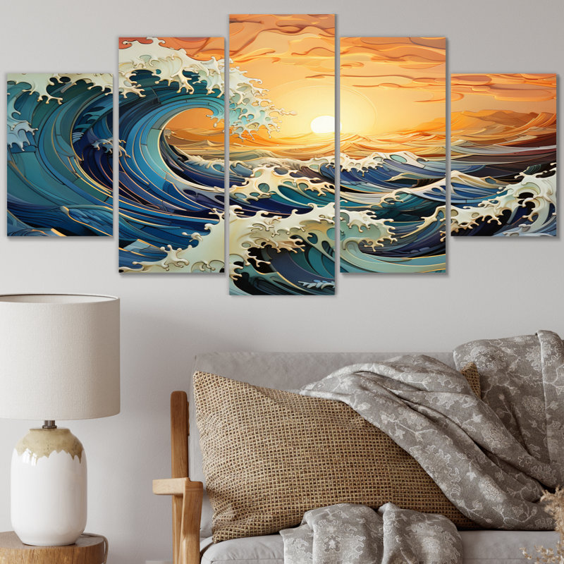 Teal Kinetic Waves III - impression d'art mural paysages - 5 panneaux
