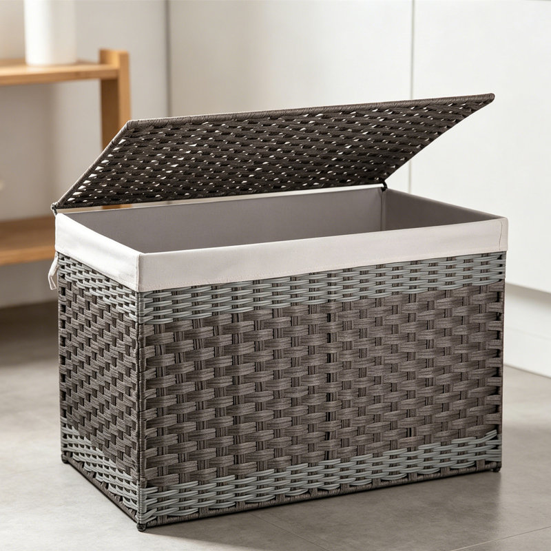 Large Wicker Storage Basket With Lid , Handwoven PP Rattan Hamper, For Laundry Room Living Room Nursery, Gray