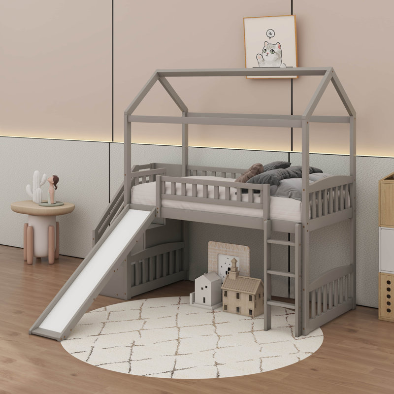 Twin Loft Bed With Slide, Gray