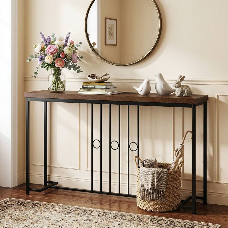 55" Industrial Style Console Table, Stable H-Shaped Reinforced Metal Base & Scratch-Resistant Waterproof Tabletop, Anti-Tip Design Suitable For Entryway, Living Room