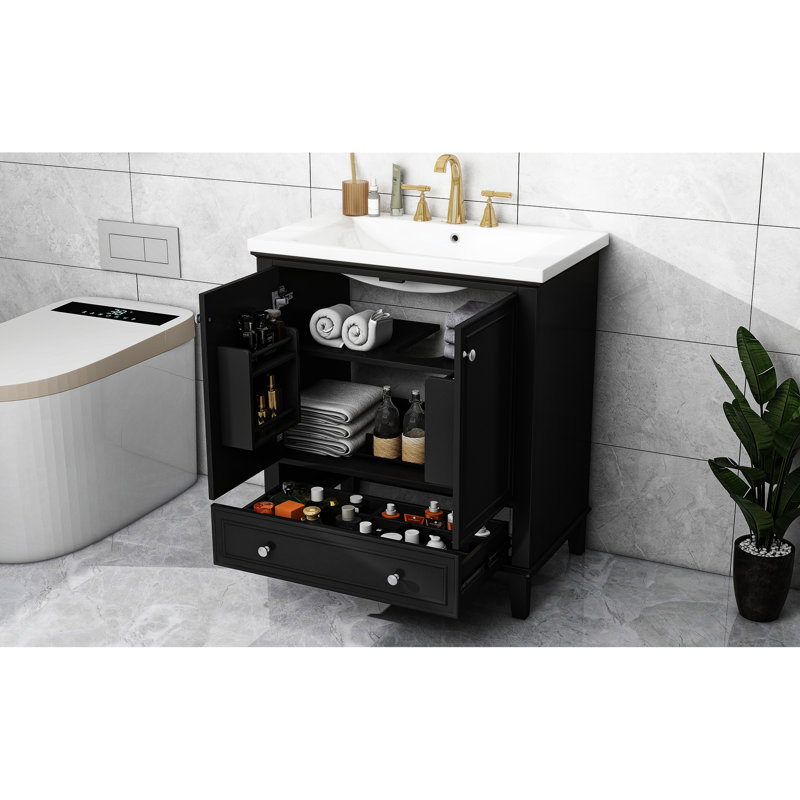 Armoire de salle de bain 30 po - noir, bois massif et espace de rangement réglable en bois noir, portes fonctionnelles et tiroir