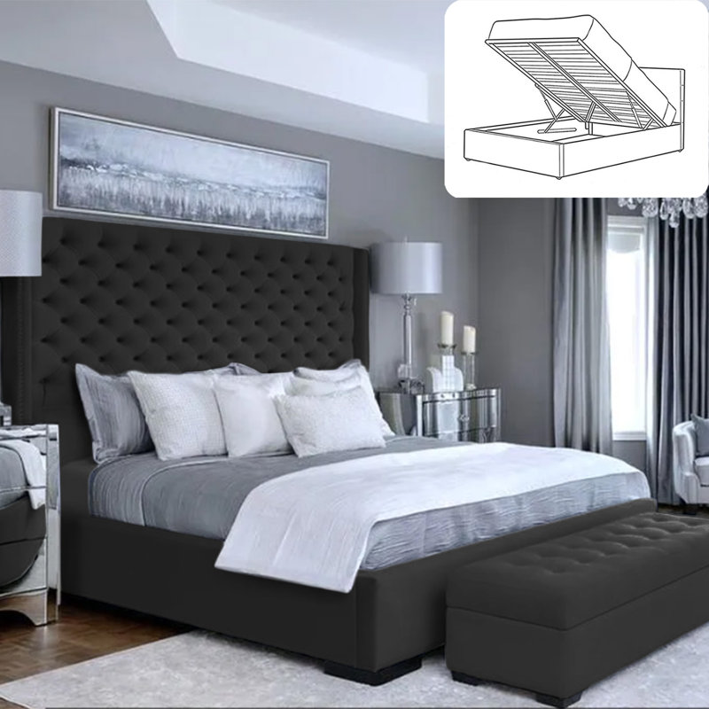 Thielsen Chesterfield Ottoman Storage Bed - Plush Velvet Gas Lift Bed Frame with Headboard, Double (4'6), Black