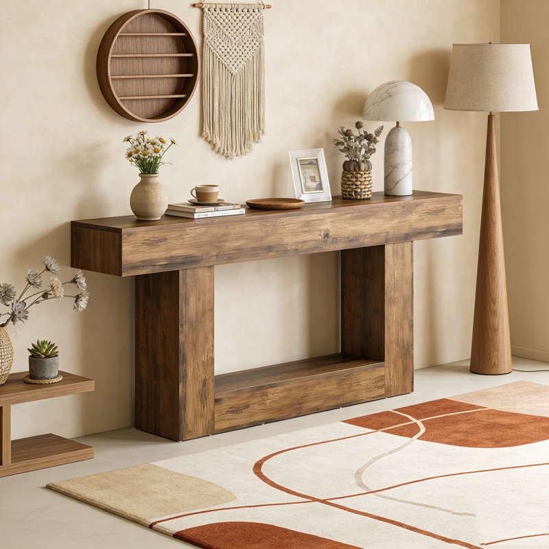 Wooden Farmhouse 2-Tier Sofa Entryway Table, Rustic Brown