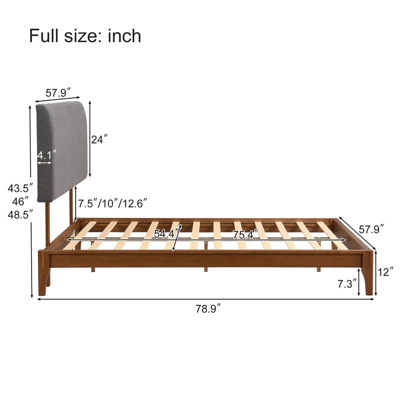 Lit plateforme solide en bois de bambou sec avec tête de lit tapissier réglable, Double