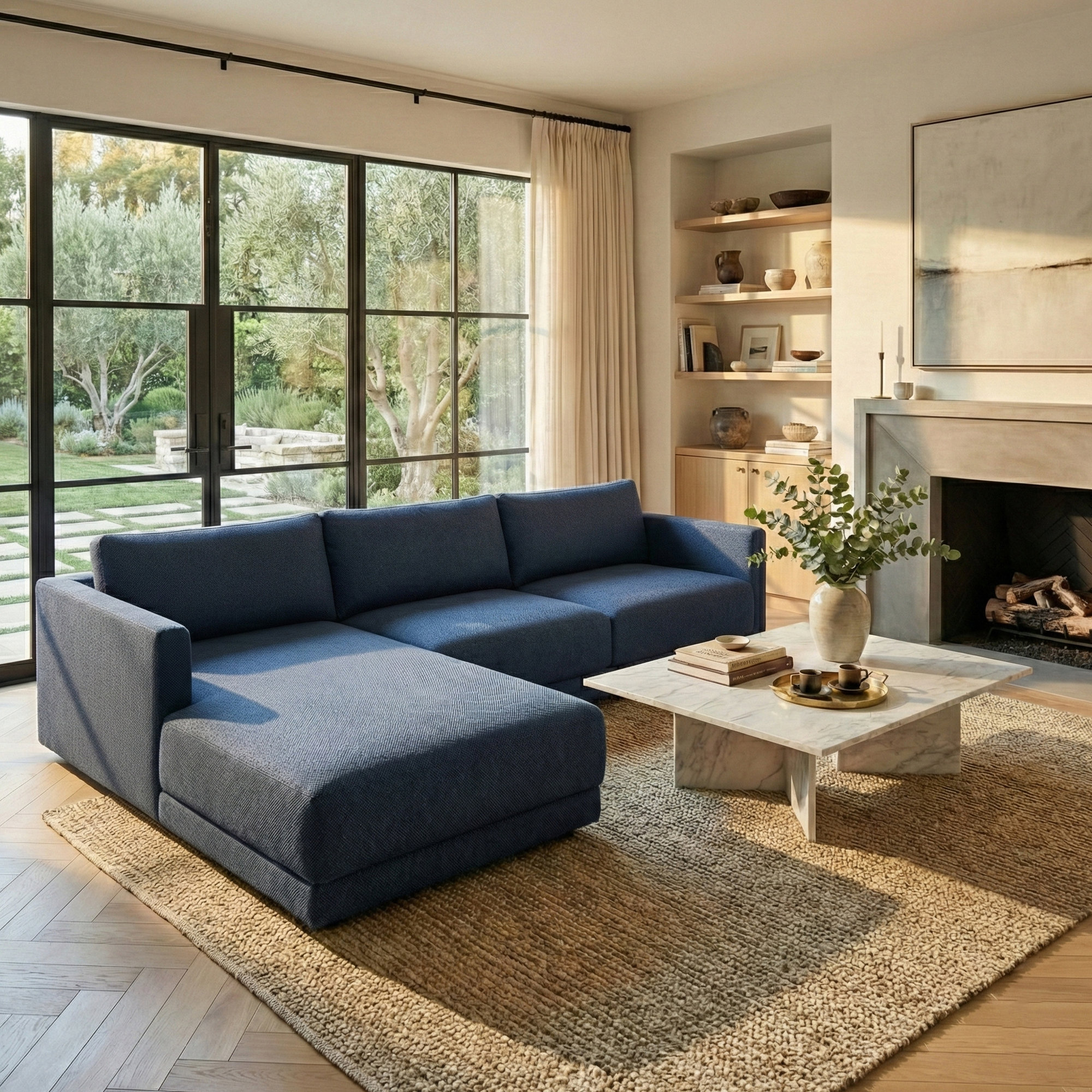 Kayden Upholstered Chaise L-Sectional, Left Hand Facing, Dark Blue Linen Blend