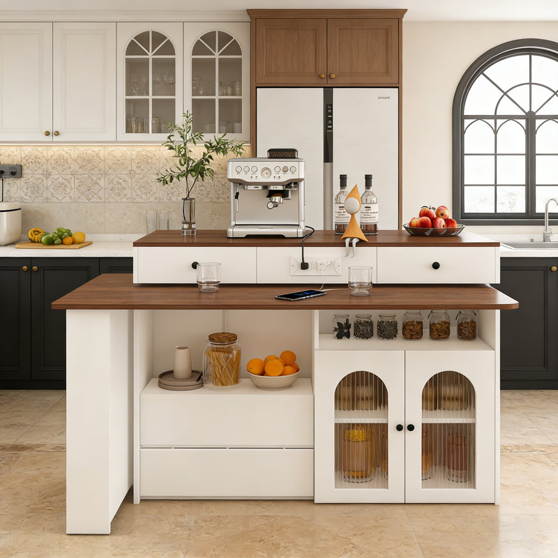 Îlot de cuisine avec table extensible et rotative pour 4, Blanc