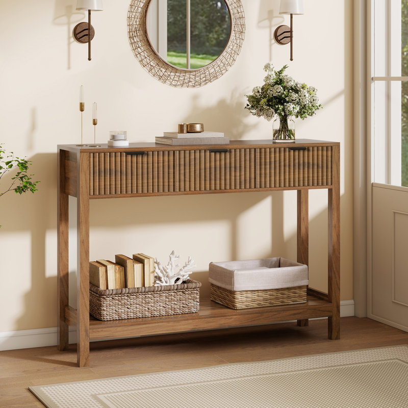 Set of 2 Modern Console Table With Storage, Small Wood Entryway Table Set For Living Room, 11.8"D X 43.3"W X 31.5"H, Walnut