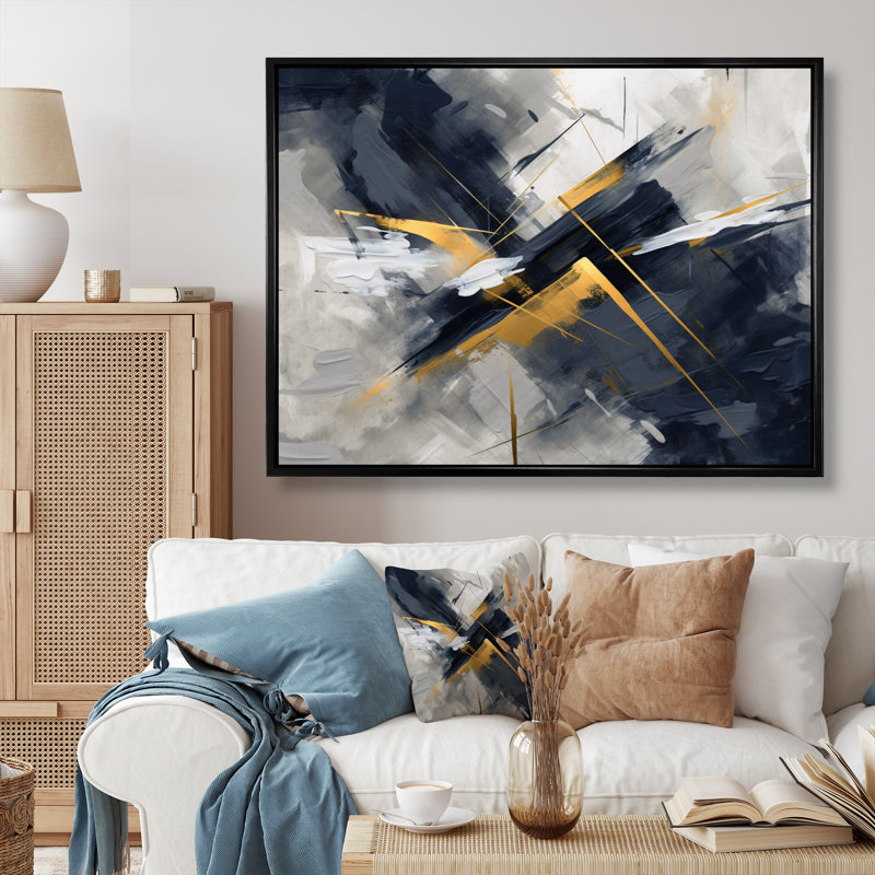 «Grey and Gold Transcendent Impressions III - Abstract Shapes», art encadré, Cadre flottant noir, H 24 po x l 32 po x P 1 po