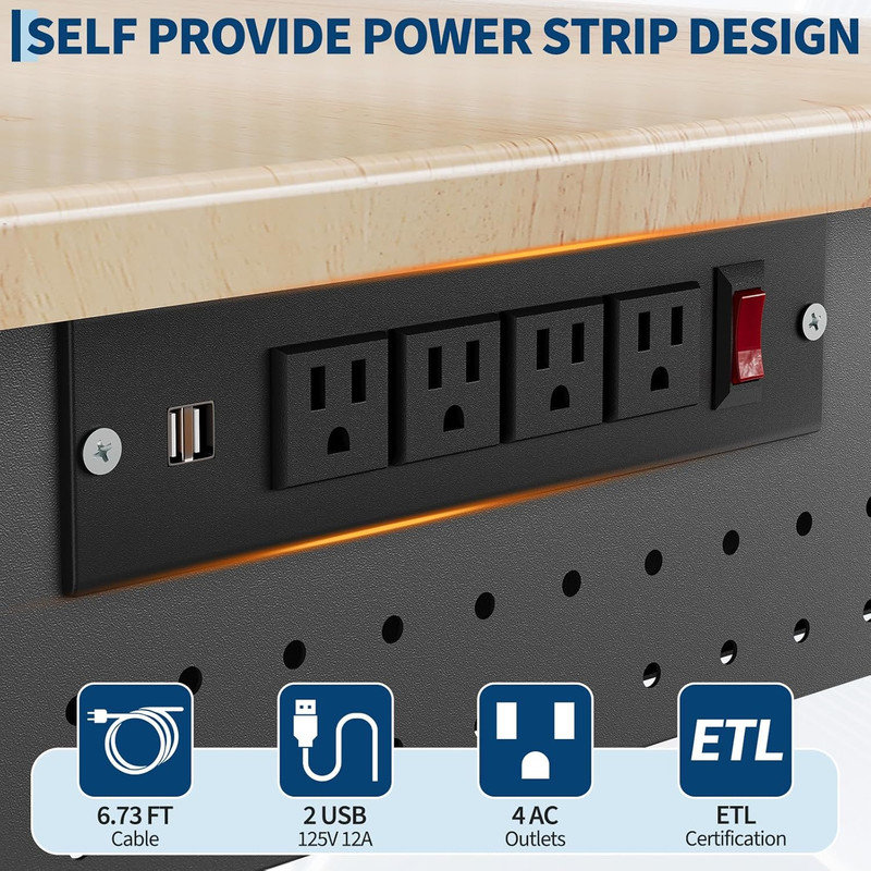 48"x24" Workstation with Drawer, LED Light & Back Panel – 6-Level Height, 2000 lb Capacity, ETL Outlets
