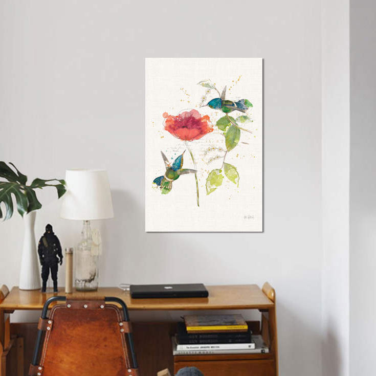 «Teal Hummingbirds Flower II» par Katie pertiet, reproduction sur toile tendue, H 40 po x l 26 po x P 1,5 po, Pas de tapis