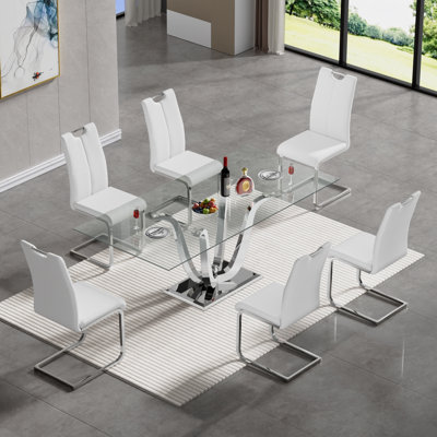 Luxury Glass Dining Table Set for Piece Glass Kitchen and Dining Room Table Set, Modern Glass Dining Table and Dining Chairs, 70" Tempered Glass Dining Table Set