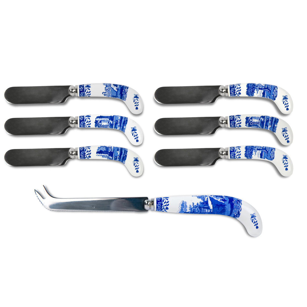 Spode Blue Italian Cheese Knife & 6 Spreaders Spode