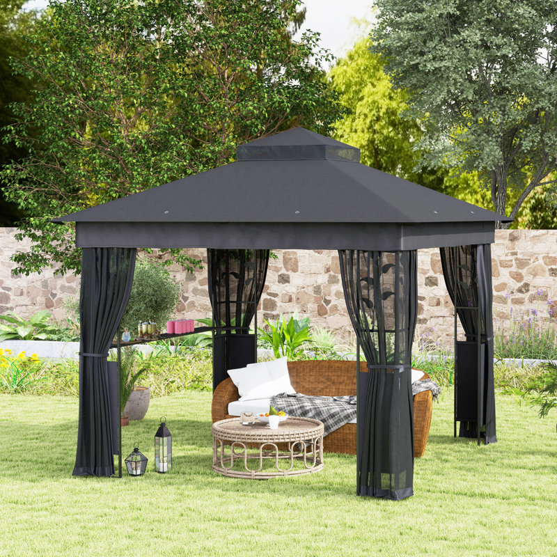 10'x 10' Outdoor Gazebo with Shelves and Netting, Double Roof Patio Gazebo Canopy Shelter, UV30+ Protected for Lawn, Backyard and Deck, Dark Gray