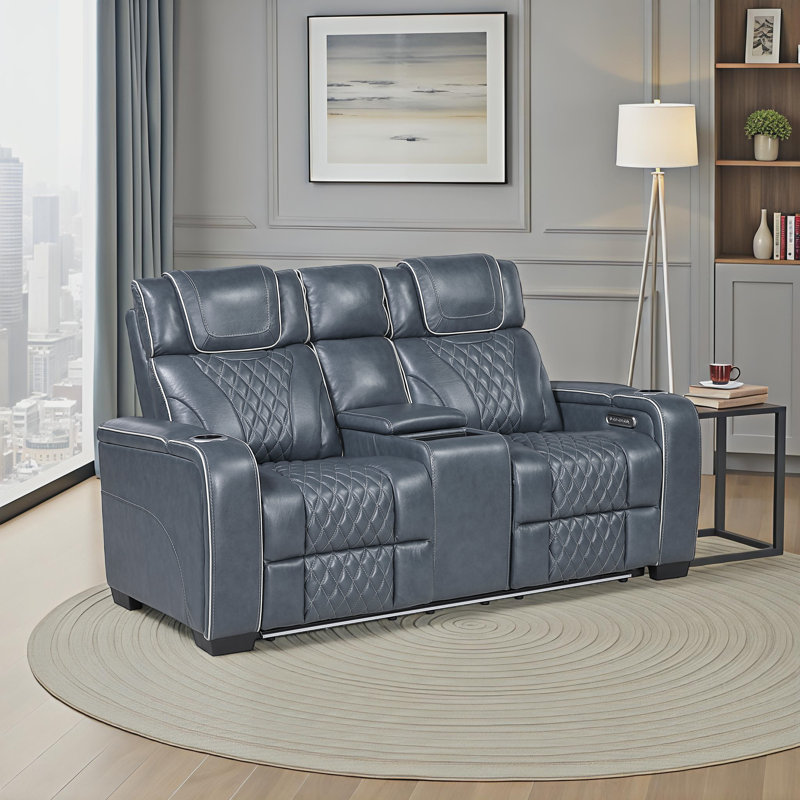 Causeuse double inclinable électrique en cuir fleur avec barre centrale 72 po Barra, Bleu