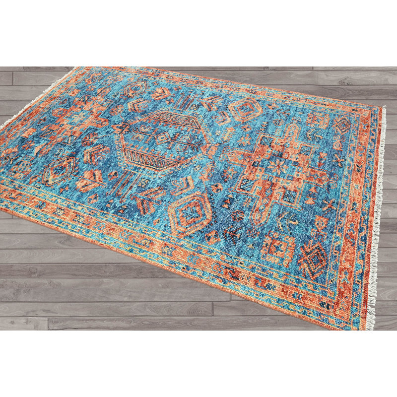 Tapis turquoise unique 4 pi x 5 pi 7 po Minas, Tapis de couloir 2'9' x 9'9'