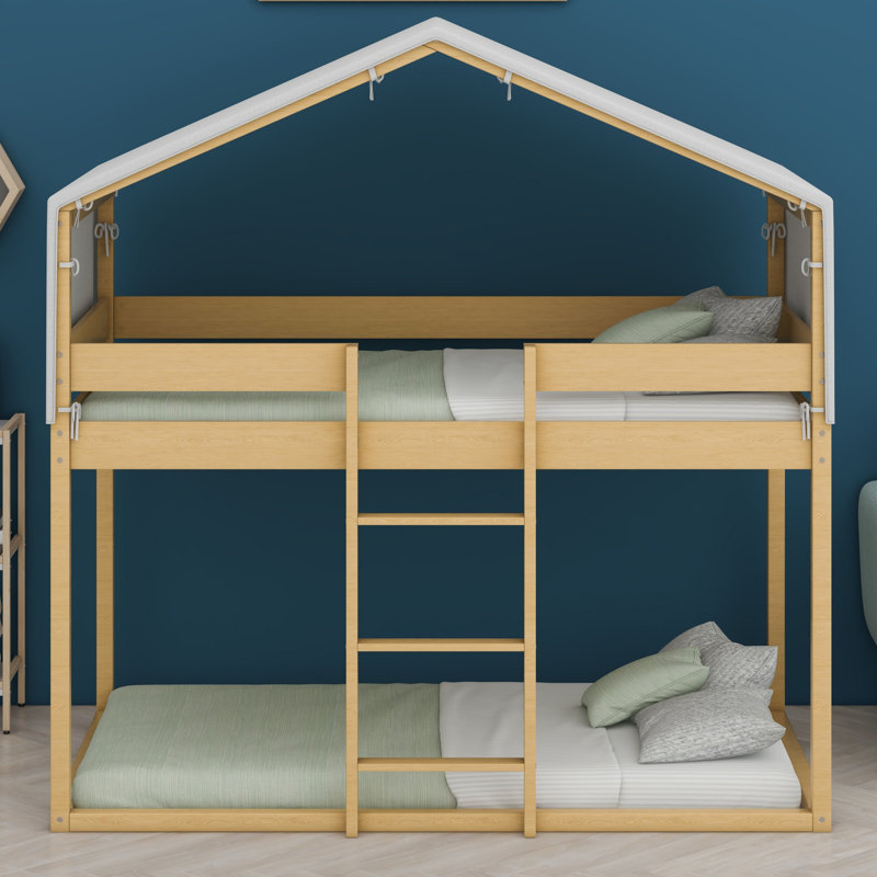House-Shaped Solid Wood Bed Frame With Full-Length Guardrails, Slat Support,Tent And Ladder, Natural