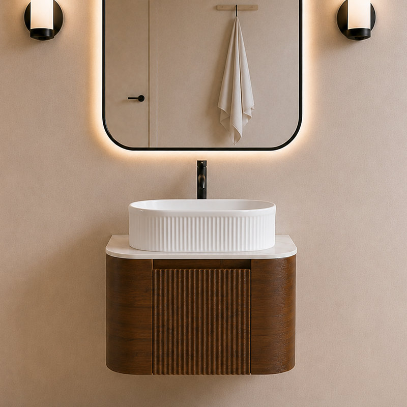 Meuble-lavabo mural 24 po avec lavabo vasque en céramique, porte-serviettes intégré et armoire pré-assemblée, Noyer