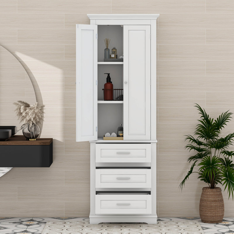 Tall Storage Cabinet With Three Drawers, Adjustable Shelves, Blanc