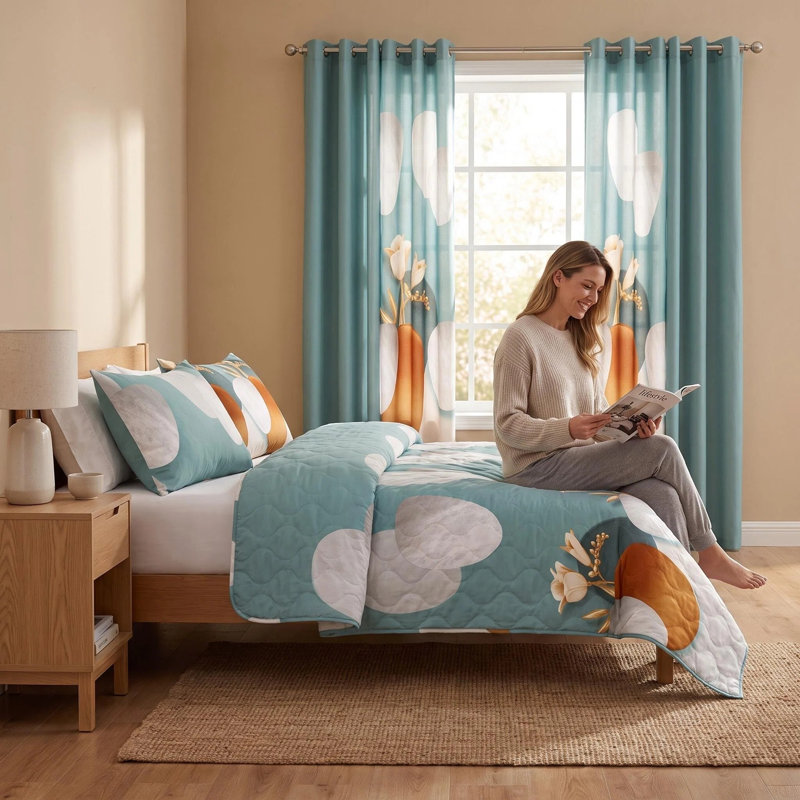 Ensemble de couvre-lit et rideau 9 pièces en microfibre bleu sarcelle et or avec 2 taies décoratives et 6 panneaux de rideaux à œillets filtrant la lumière