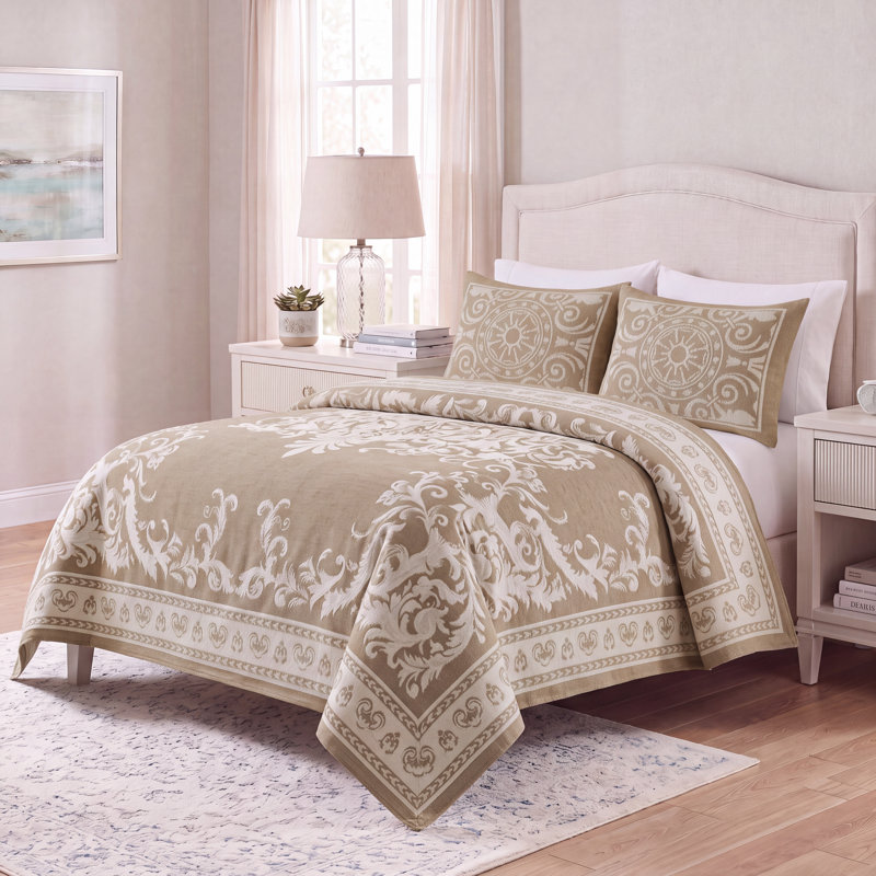 Ensemble de couvre-lit / couvre-lit à motif médaillon traditionnel en mélange de coton tissé léger Rio, Taupe