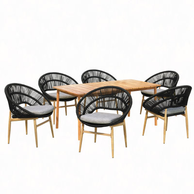 Ensemble de salle à manger d'extérieur pour patio 7 pièces, chaise de salle à manger en osier 6 pièces avec coussin, table de salle à manger 1 pièce en bois d'acacia
