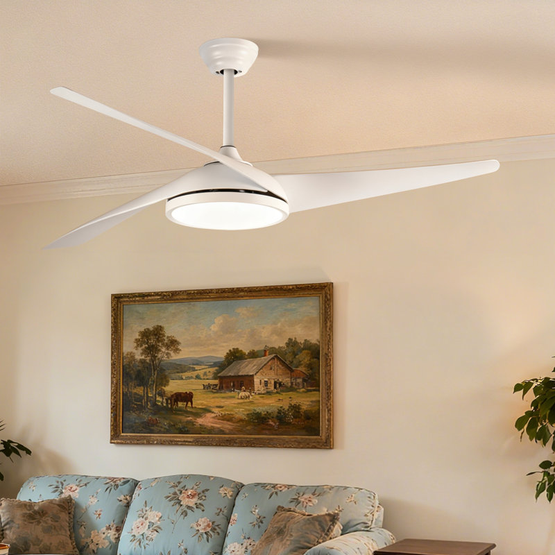52 po Ventilateur de plafond standard à 3 pales avec fixation à tige fixe avec lumière DEL à intensité variable 3 couleurs, télécommande, moteur à courant continu réversible