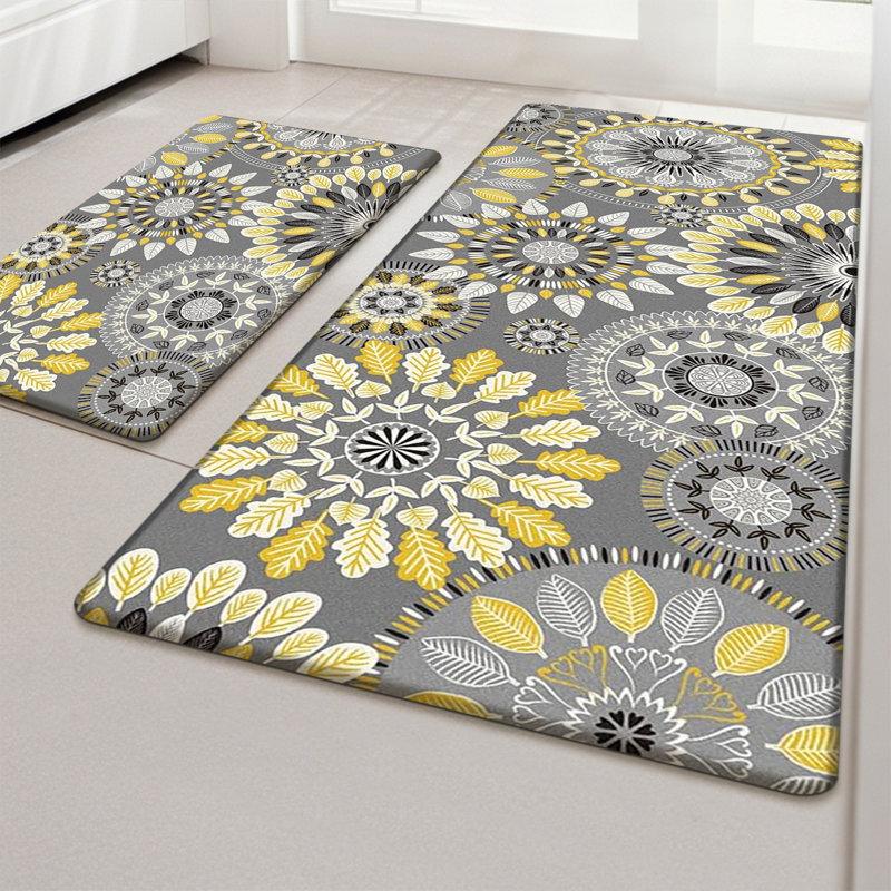 Jalissia Anti-Fatigue Non-Skid Kitchen Mat, Gray/Yellow/Black/White, Runner 18" x 30" + 18" x 48"