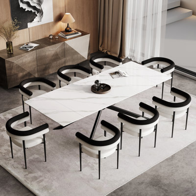 Ensemble 9 pièces de table de salle à manger extensible en fritté de 110,24 po avec 8 chaises en tissu