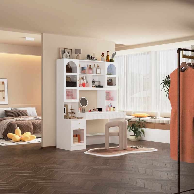 Armoire moderne avec coiffeuse et rangement solide, Blanc