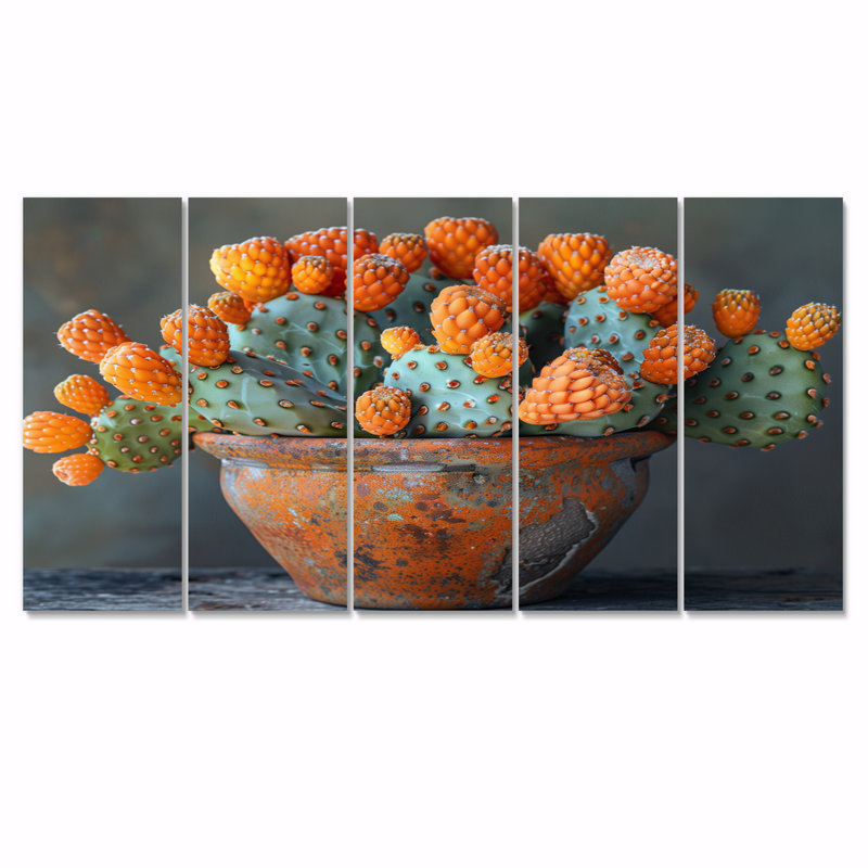 Orange orange vert, photo monochrome de cactus dans un vase I - ensemble d'art mural floral cactus, H 28 po x l 60 po