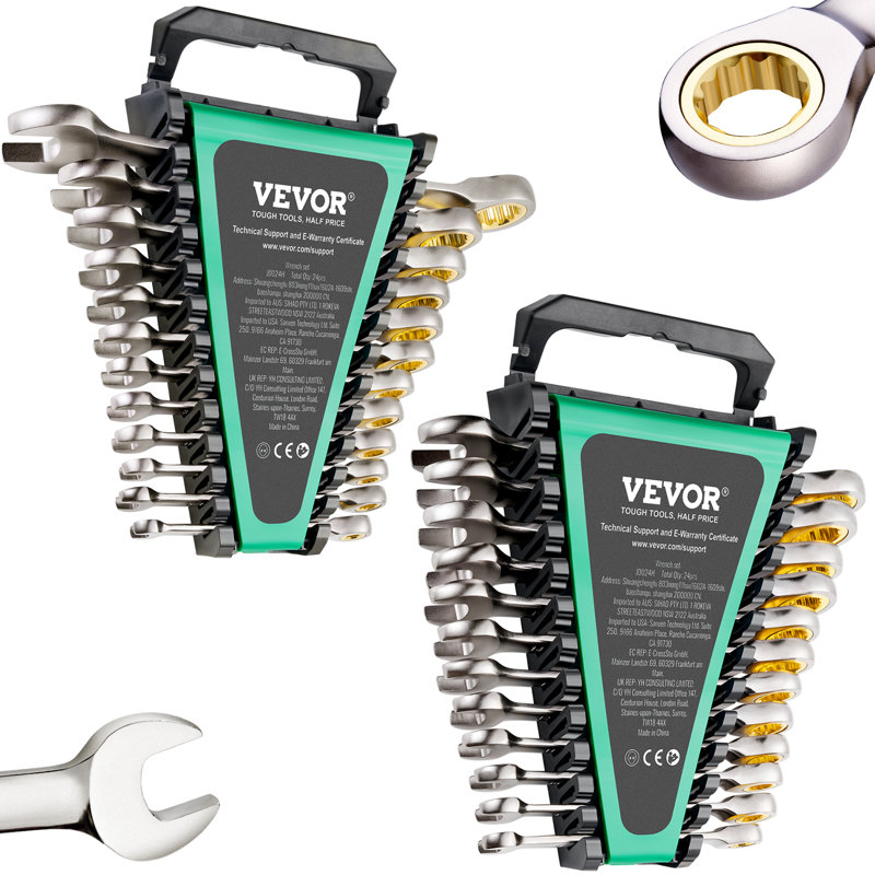 Combination Wrench Set, 24-Piece Ratcheting Wrench Set with Organizer Rack, Cr-V Steel Wrench Set SAE 1/4" to 7/8", Metric 8 mm to 19 mm, Ideal for General Household, Auto Repairs, Emergency
