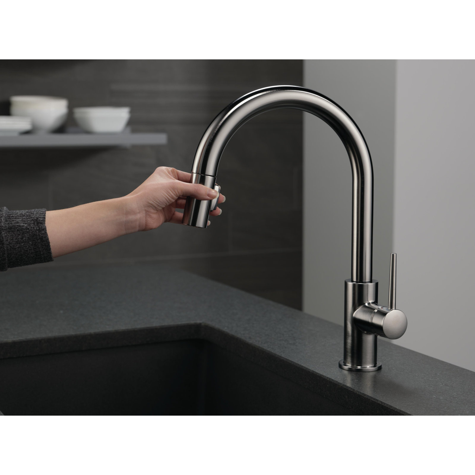 Trinsic Pull Down Sprayer Kitchen Sink Faucet, Single Handle Kitchen Faucet, Black Stainless