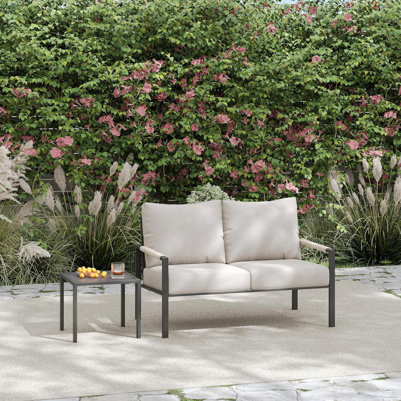 Metal 2 Piece Patio Set, 2- Person Outdoor Seating Group with Thick Cushions, Beige