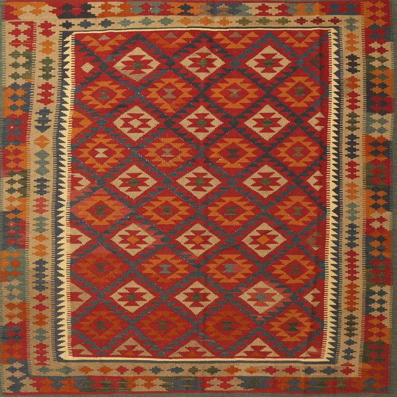 Tapis géométrique rouge / beige / bleu, Carré 6 pi