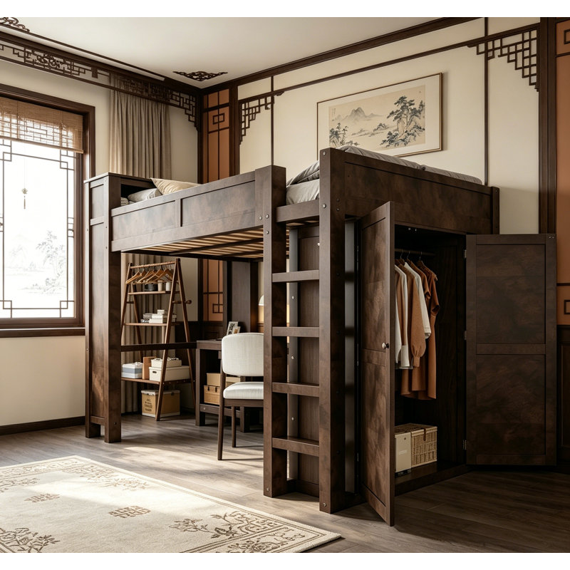 Lit mezzanine en bois avec garde-robe, bureau et tête de lit, design compact et multifonctionnel, brun