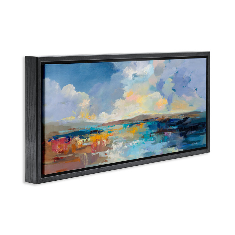 «Seaside Sunset», art mural encadré flottant abstrait par Silvia Vassileva, Cadre flottant noir de jais, H 11 po x l 25 po