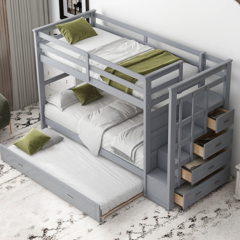 Gray Twin Over Bunk Bed With Functional Trundle And Solid Wood Frame Legs In - Bedroom Fashionable, Gray