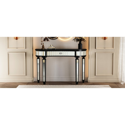 Console en miroir de 47 po en forme de demi-cercle avec verre cannelé et tiroir décoratif en cristal, convenant à un vestiaire ou à une chambre à coucher de style contemporain.