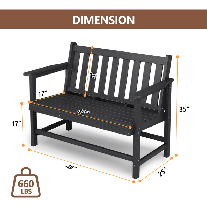 49 po Banc de patio en PEHD noir pour 2 personnes, Black