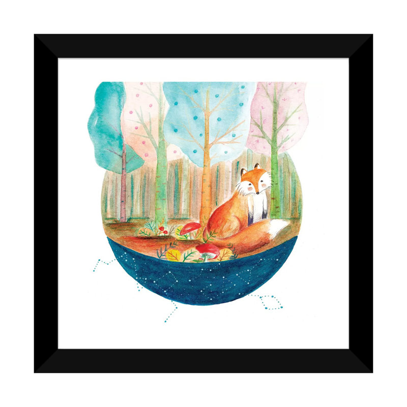 Renard et baleine I - impression, H 16 po x l 16 po x p 1 po, Papier encadré noir, Blanc