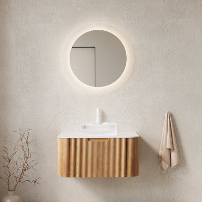 30 Inch Wall-Mounted Floating Bathroom Vanity With Transparent Round Glass Basin, Striped Storage Cabinet, And Soft Close Drawer