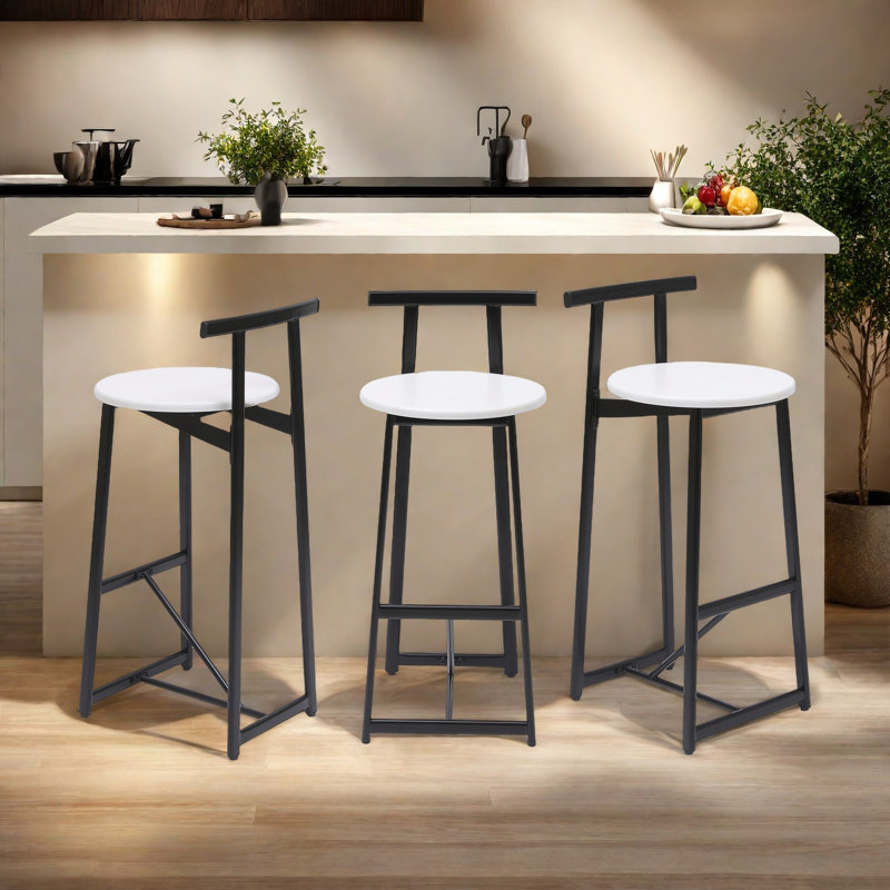 Set Of 3 Wooden Round Bar Stools With Backrest, Footrest And Metal Legs, White