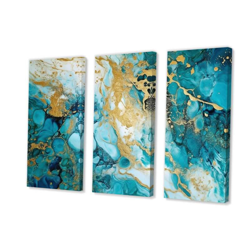 Turquoise de luxe, art abstrait fluide VI - 3 pièces sur toile tendue, H 40 po x l 60 po x P 1 po