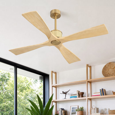 Ventilateur de plafond d'intérieur standard à 4 pales en bois massif, avec télécommande, fixation par tige et 6 vitesses.