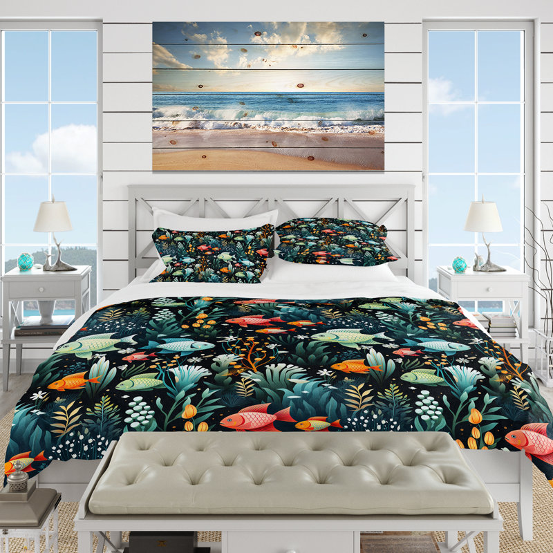Ensemble de housse de couette bleu et vert Under The Sea Exploration IV, Housse de couette simple + 1 taie décorative stan