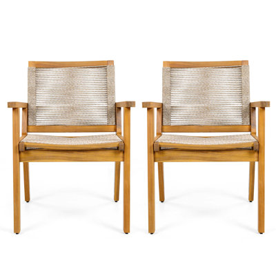 Outdoor Dining Chairs Set of 2, Wood Frame and Rope Courtyard Style