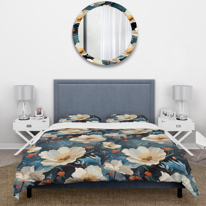 Élégant motif floral bleu - Ensemble de housse de couette floral, Housse de couette simple + 1 taie décorative stan