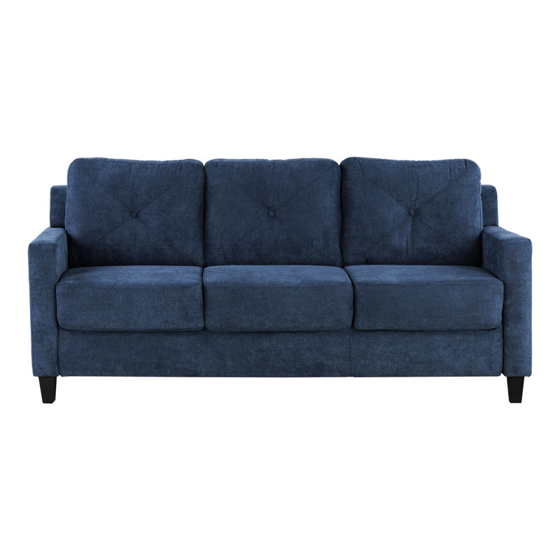Chenille bleu marine 3 places avec porte-gobelets - structure intérieure en bois, revêtement doux pour la détente, coussins de dossier et de siège serrés inclus, support de fabrication à ressorts ensachés, densité de mousse D25 confortable