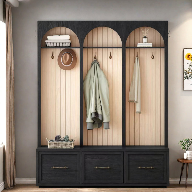 Farmhouse Wooden Style Hall Tree With Arched Design, Bench, 8 Retro Hooks, And 3 Drawers, Black