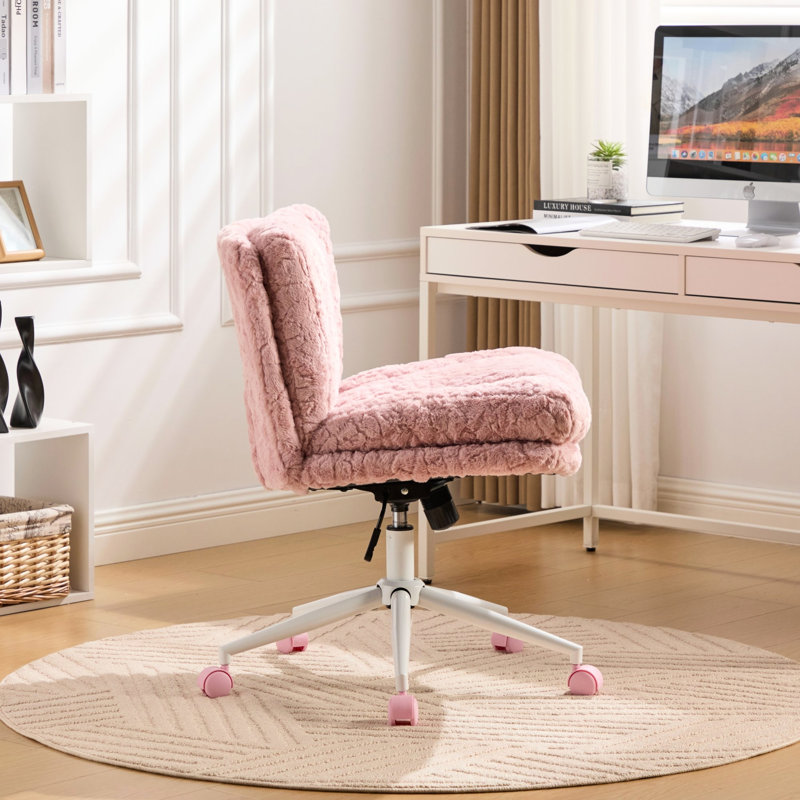 Chaise ajustable rose avec siège de 26,4 pouces de largeur, poils de lapin artificiels, faux tissu d'alpaga, pour étude et